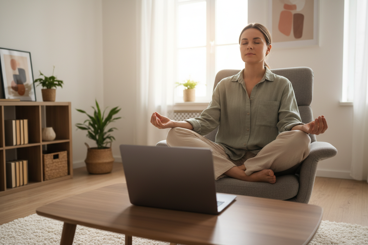 mujer en postura de y meditación en su salón