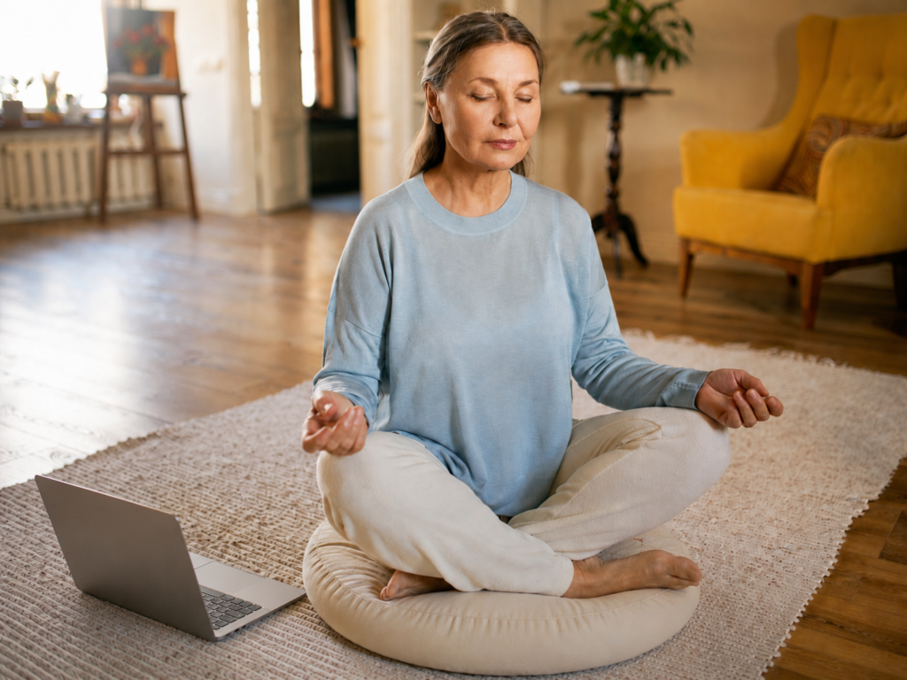 mujer practicando meditación online encima de un cojín en su casa