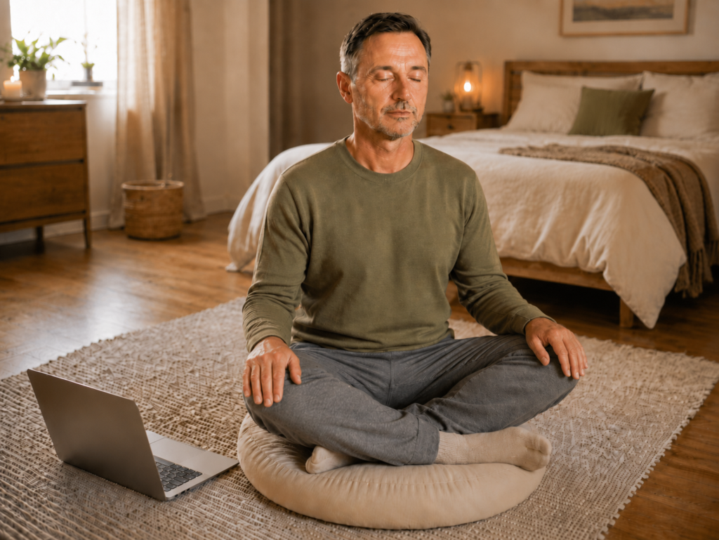 hombre sentado en un cojín practicando meditación online en su dormitorio