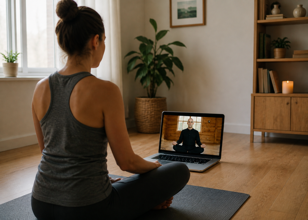 sesión de y meditación online con ordenador portátil