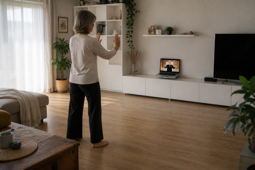 mujer haciendo qi gong online en el salón de su casa